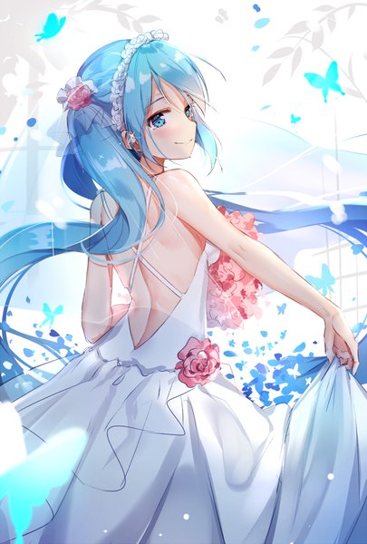Anime picture 708x1048 with vocaloid hatsune miku douya (233) single long hair tall image blush fringe blue eyes smile twintails bare shoulders payot blue hair looking away looking back hair flower sparkle bare back girl
