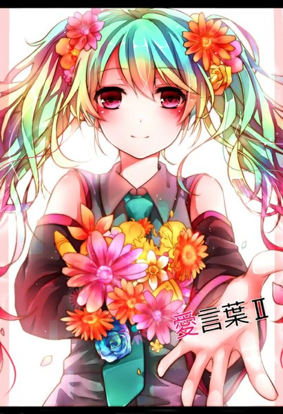 Anime picture 754x1100 with vocaloid ai kotoba ii (vocaloid) hatsune miku itou sato single tall image looking at viewer blush fringe purple eyes twintails holding very long hair hair flower light smile aqua hair close-up girl hair ornament flower (flowers)
