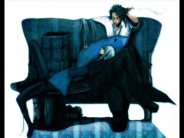 Anime picture 1400x1050 with katekyou hitman reborn superbi squalo xanxus wakaka long hair short hair black hair sitting silver hair lying eyes closed hug crossed legs scar smoke open collar sleeping smoking boy gloves