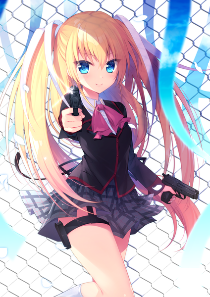 Anime picture 1414x2000 with little busters! key (studio) tokido saya ytuorvi single long hair tall image looking at viewer blush fringe blue eyes blonde hair smile hair between eyes standing holding payot bent knee (knees) outdoors pleated skirt