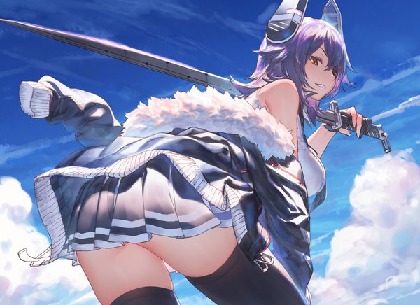 Anime picture 1575x1146 with kantai collection tenryuu light cruiser ac (eshi) single looking at viewer fringe short hair breasts light erotic smile bare shoulders holding yellow eyes sky purple hair cloud (clouds) parted lips pleated skirt looking back from behind