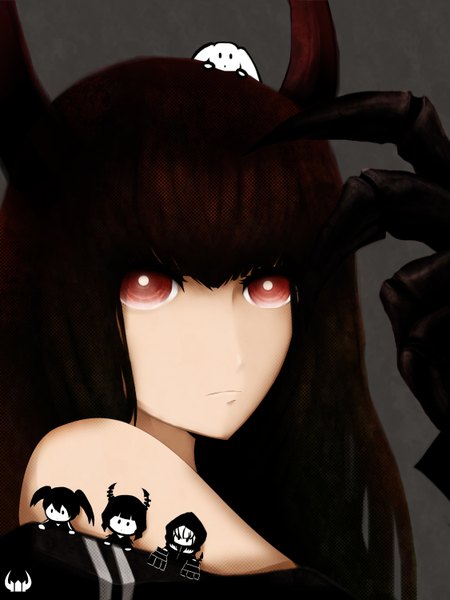 Anime picture 2250x3000 with black rock shooter black rock shooter (character) dead master strength (black rock shooter) black gold saw long hair tall image looking at viewer highres red eyes brown hair twintails multiple girls horn (horns) short twintails girl hood 4 girls