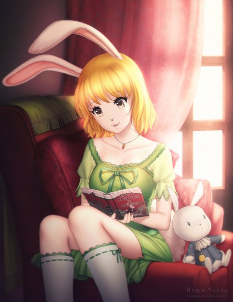 Anime picture 773x1000 with one piece toei animation carrot (one piece) gigamessy single tall image fringe short hair open mouth blonde hair smile sitting holding brown eyes signed animal ears bent knee (knees) indoors short sleeves bunny ears