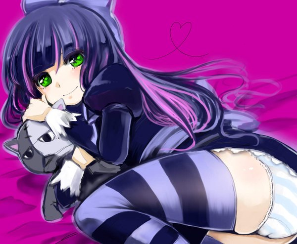 Anime picture 1213x1000 with panty & stocking with garterbelt anarchy stocking mya (ma0ma0ma) long hair light erotic green eyes purple hair multicolored hair streaked hair girl thighhighs underwear panties bow hair bow toy stuffed animal striped thighhighs striped panties