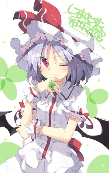 Anime picture 624x990 with touhou remilia scarlet satou kibi single tall image looking at viewer blush short hair smile red eyes purple hair one eye closed girl dress bow wings white dress ring bonnet clover (plant)