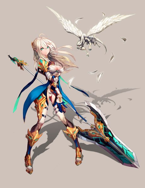 Anime picture 740x963 with tagme (character) chyan long hair tall image light erotic blonde hair green eyes ahoge parted lips high heels fantasy warrior girl weapon armor bodysuit leotard dragon spaulder (spaulders) spear