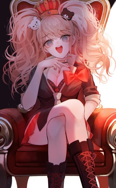 Anime picture 1748x2828 with dangan ronpa enoshima junko wny (wnys art) single long hair tall image looking at viewer fringe highres breasts open mouth blue eyes simple background blonde hair smile sitting twintails payot cleavage nail polish