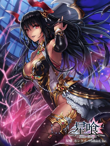 Anime picture 675x900 with original mismi single long hair tall image looking at viewer fringe breasts light erotic black hair smile red eyes cleavage parted lips horn (horns) lips armpit (armpits) sleeveless glowing adjusting hair