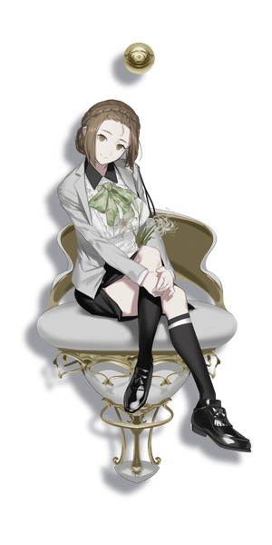 Anime picture 512x1024 with caligula kagura suzuna oguchi (sugimoto gang) single tall image looking at viewer short hair breasts brown hair sitting brown eyes full body braid (braids) official art crossed legs transparent background crown braid girl skirt flower (flowers)