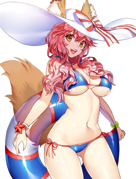 Anime picture 800x1052 with fate (series) fate/extra tamamo (fate) (all) tamamo no mae (swimsuit lancer) (fate) ruhee single long hair tall image looking at viewer fringe breasts open mouth light erotic simple background smile hair between eyes large breasts standing white background animal ears