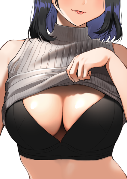 Anime picture 661x935 with original nishizawa single tall image blush short hair breasts light erotic black hair simple background large breasts white background cleavage purple hair multicolored hair two-tone hair sleeveless colored inner hair head out of frame sweater lift