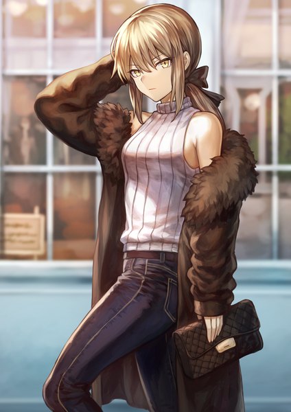 Anime picture 1302x1842 with fate (series) fate/grand order artoria pendragon (all) saber alter mashuu (neko no oyashiro) single long hair tall image looking at viewer blonde hair standing bare shoulders yellow eyes payot arm up off shoulder open clothes depth of field alternate costume fur trim