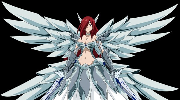 Anime picture 3500x1950 with fairy tail erza scarlet long hair fringe highres wide image brown eyes red hair hair over one eye black background girl navel weapon sword wings armor