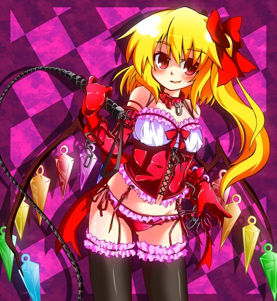 Anime picture 1200x1304 with touhou flandre scarlet gin (shioyude) single long hair tall image blush light erotic blonde hair red eyes teeth fang (fangs) girl thighhighs gloves underwear panties black thighhighs wings elbow gloves