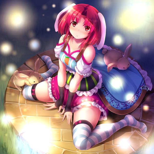 Anime-Bild 2000x2000 mit original nicoby single looking at viewer fringe highres short hair red eyes sitting animal ears red hair parted lips from above bunny ears no shoes wariza frilly skirt girl thighhighs skirt