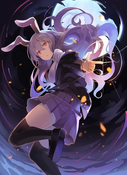 Anime picture 1159x1594 with touhou reisen udongein inaba rin falcon single long hair tall image fringe hair between eyes red eyes animal ears looking away purple hair pleated skirt bunny ears girl thighhighs skirt black thighhighs miniskirt moon