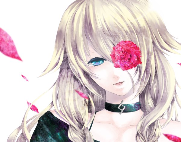 Anime picture 1400x1100 with vocaloid ia (vocaloid) single long hair fringe open mouth blue eyes simple background blonde hair white background braid (braids) twin braids close-up face multicolored eyes covering eye (eyes) flower over eye girl flower (flowers) petals