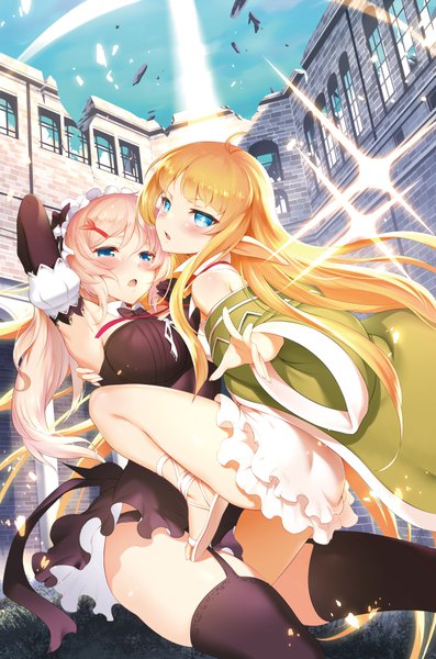 Anime picture 626x946 with tanaka the wizard edita (tanaka the wizard) mdastarou long hair tall image blush open mouth blue eyes light erotic blonde hair multiple girls pink hair pointy ears elf girl thighhighs dress gloves black thighhighs 2 girls