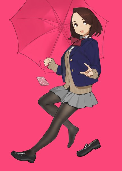 Anime picture 1280x1800 with miru tights moegi homi yomu (sgt epper) single tall image looking at viewer short hair open mouth simple background brown hair holding brown eyes full body bent knee (knees) :d pleated skirt pink background single shoe girl skirt