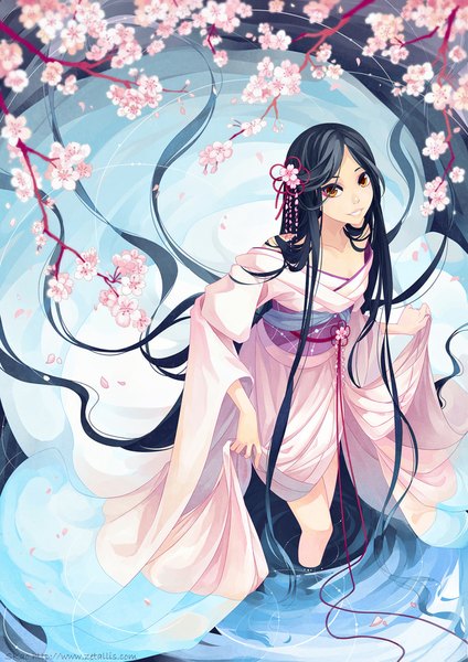 Anime-Bild 789x1117 mit original zetallis single tall image looking at viewer black hair smile standing bare shoulders brown eyes very long hair traditional clothes japanese clothes hair flower from above bare legs wet cherry blossoms looking up wet clothes