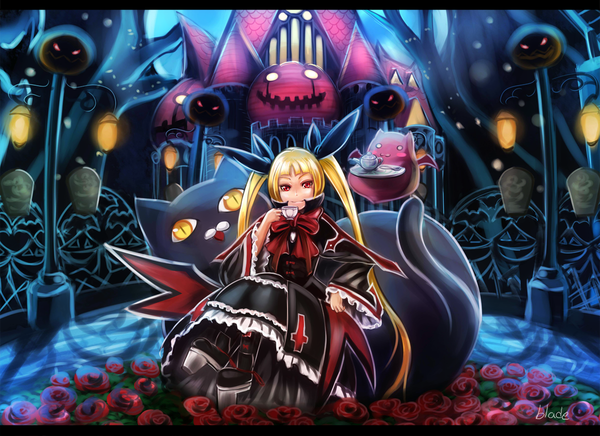 Anime picture 1200x873 with blazblue rachel alucard gii nago qblade (artist) blonde hair smile red eyes twintails night loli :3 drinking girl dress hair ornament flower (flowers) bow hair bow rose (roses)