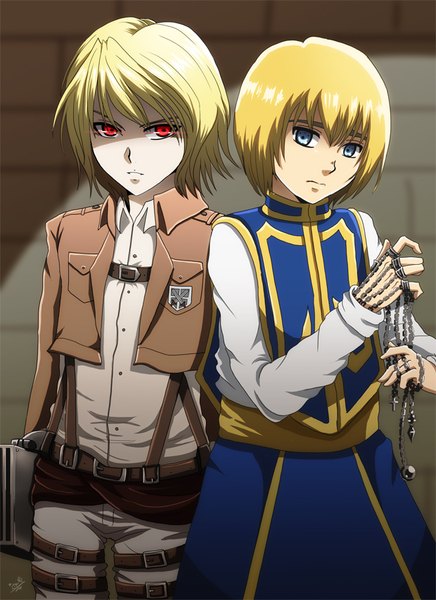 Anime picture 620x852 with shingeki no kyojin hunter x hunter production i.g armin arlert kurapica akayashi tall image looking at viewer fringe short hair blue eyes blonde hair hair between eyes red eyes standing signed parted lips head tilt blurry open jacket