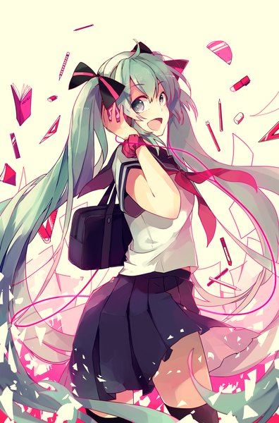 イラスト 812x1228 と ボーカロイド 初音ミク 薯子Imoko ソロ 長身像 カメラ目線 開いた口 白背景 ツインテール アホ毛 very long hair pleated skirt aqua eyes 風 aqua hair wrist scrunchie hand on headphones 女の子 ストッキング スカート