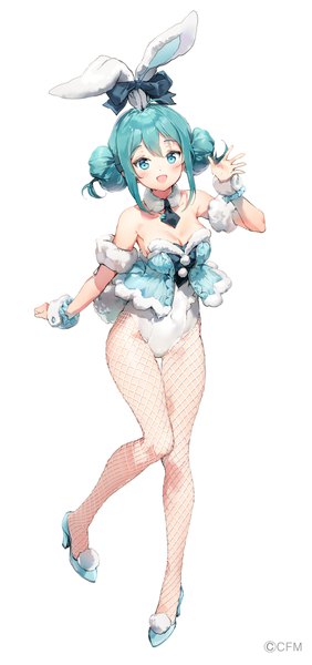 Anime picture 1000x2123 with vocaloid hatsune miku bicute bunnies miku anmi single long hair tall image open mouth light erotic simple background standing white background animal ears cleavage full body tail :d animal tail aqua eyes aqua hair