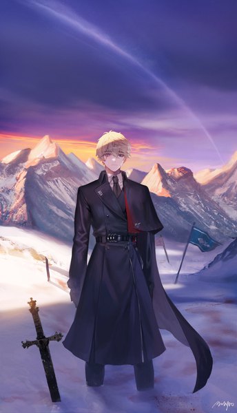 Anime picture 2500x4365 with original mmlyno single tall image fringe highres short hair blonde hair hair between eyes standing signed outdoors grey eyes looking down scar snow mountain morning sunrise boy