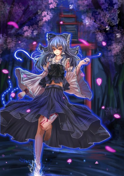 Anime picture 2067x2923 with touhou hakurei reimu jianren single long hair tall image highres red eyes silver hair tattoo alternate color girl dress skirt bow plant (plants) hair bow detached sleeves petals tree (trees)