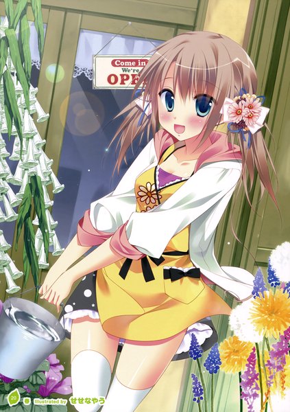 Anime picture 2540x3600 with girls, girls, girls! 10 (artbook) sesena yau single long hair tall image looking at viewer blush highres open mouth blue eyes twintails hair flower grey hair scan official art girl thighhighs skirt hair ornament flower (flowers)