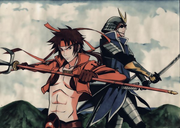 Anime picture 2560x1821 with sengoku basara production i.g date masamune sanada yukimura yumichika kuroda highres brown hair looking away sky ponytail profile open clothes open jacket multiple boys bare belly two side up frown traditional media samurai boy