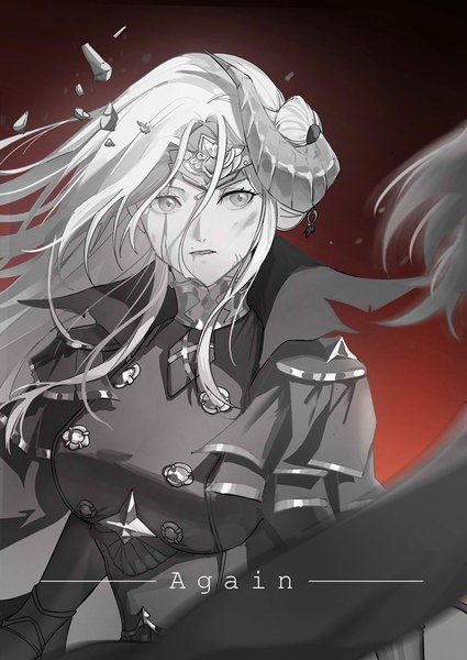 Anime picture 726x1024 with fire emblem fire emblem: three houses nintendo edelgard von hresvelg byleth (fire emblem) byleth (female) (fire emblem) tin g long hair tall image fringe open mouth simple background hair between eyes multiple girls looking away upper body inscription monochrome red background broken