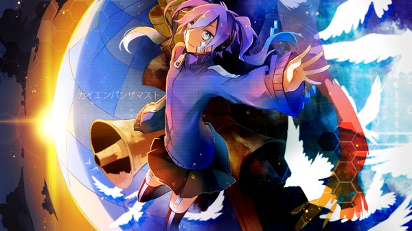 Anime picture 1245x700 with kagerou project shaft (studio) ene (kagerou project) asahimachi single long hair looking at viewer blue eyes wide image twintails purple hair from above outstretched arm girl thighhighs skirt black thighhighs animal bird (birds) pigeon