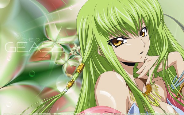 Anime picture 1920x1200 with code geass sunrise (studio) c.c. single long hair looking at viewer fringe highres wide image yellow eyes parted lips green hair inscription girl bracelet