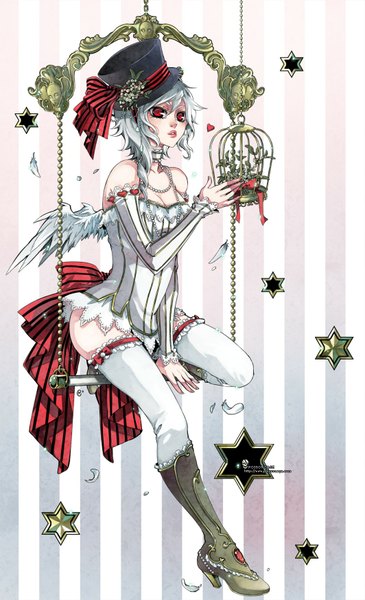 Anime picture 1064x1746 with circus (rannsama) odette (circus) rannsama single long hair tall image simple background red eyes white background bare shoulders silver hair white hair grey hair grey background striped pink background striped background girl thighhighs bow