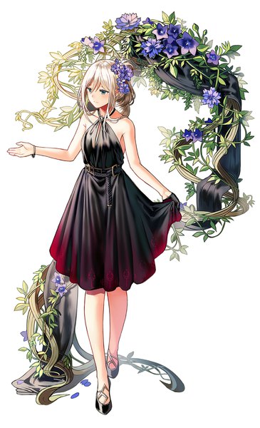 Anime picture 650x1069 with girls frontline an-94 (girls frontline) an-94 (silent rouge) (girls' frontline) silence girl single long hair tall image fringe blue eyes simple background blonde hair hair between eyes standing white background bare shoulders payot looking away full body hair flower bare legs