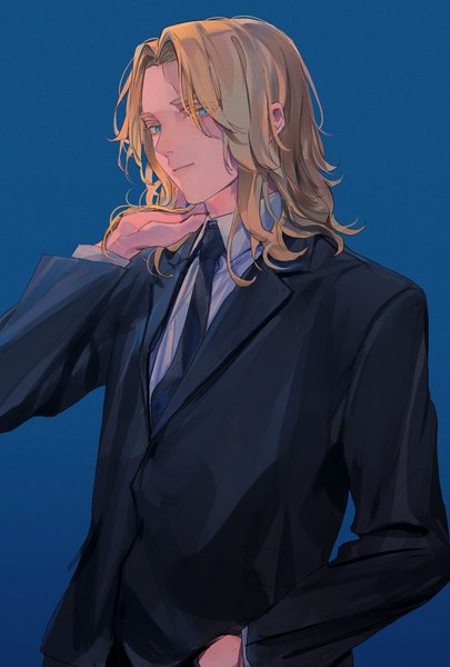 Anime picture 2768x4096 with tokyo revengers inui seishu popo 6996 single long hair tall image looking at viewer highres blue eyes simple background blonde hair upper body scar blue background boy necktie suit