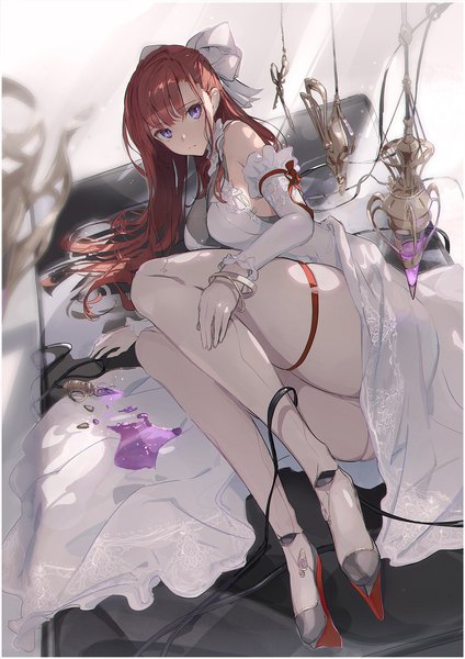 Anime picture 1358x1920 with original kodamazon single long hair tall image looking at viewer fringe breasts light erotic purple eyes full body bent knee (knees) red hair lying blunt bangs border on side doll joints spill girl