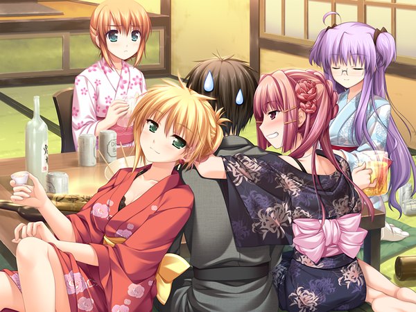 Anime picture 1024x768 with w. l. o. sekai ren'ai kikou arisa crain femiluna ioroi hotaru kusaka aina long hair short hair blue eyes blonde hair red eyes brown hair multiple girls green eyes game cg purple hair red hair japanese clothes girl boy glasses kimono