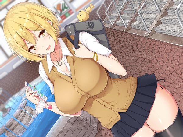 Anime picture 5120x3840 with original noeomi single looking at viewer blush fringe highres short hair breasts open mouth light erotic blonde hair large breasts standing holding brown eyes absurdres outdoors nail polish :d