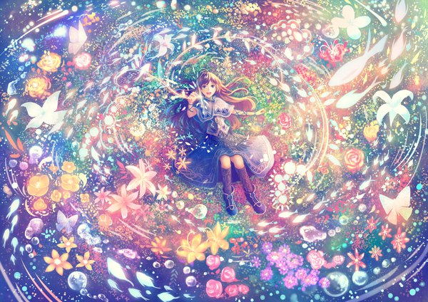 Anime picture 1841x1302 with original bounin single long hair looking at viewer fringe highres brown hair bent knee (knees) lying arm up from above sparkle on back glowing happy looking up outstretched hand girl flower (flowers)