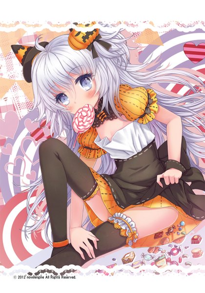 Anime picture 1000x1429 with original juke single long hair tall image looking at viewer blush blue eyes white hair halloween girl thighhighs dress black thighhighs food sweets candy lollipop