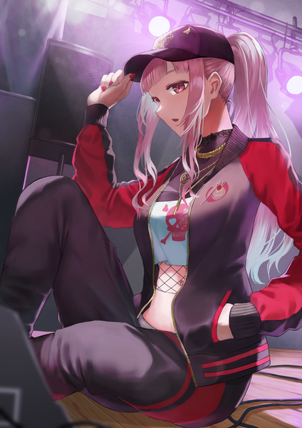 Anime picture 3541x5016 with virtual youtuber hololive hololive english mori calliope mori calliope (streetwear) saba-kann (kannsaba) single long hair tall image blush fringe highres open mouth sitting payot looking away pink hair absurdres bent knee (knees) ponytail