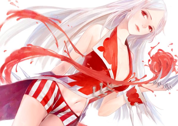 Anime-Bild 1920x1355 mit league of legends vladimir (league of legends) heather37 single long hair highres simple background red eyes white background bare shoulders looking away white hair light smile magic hands behind back vampire genderswap girl navel weapon