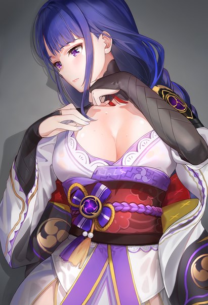 Anime picture 856x1250 with genshin impact raiden shogun kfr single long hair tall image blush fringe breasts light erotic simple background large breasts standing purple eyes payot looking away cleavage purple hair blunt bangs traditional clothes