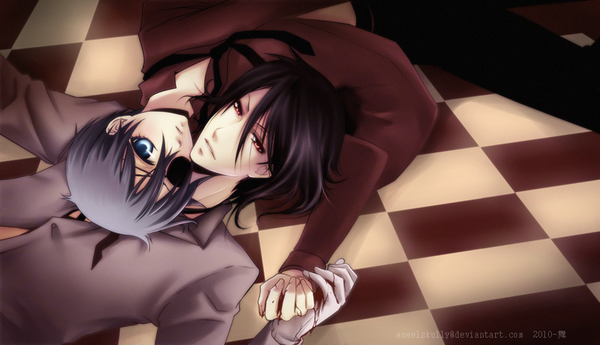 Anime picture 1000x576 with kuroshitsuji a-1 pictures sebastian michaelis ciel phantomhive looking at viewer short hair blue eyes black hair red eyes wide image lying multiple boys checkered floor shounen ai butler boy necktie 2 boys eyepatch