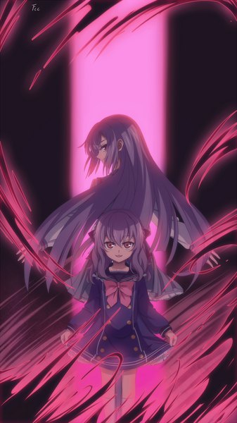 Anime picture 1040x1850 with owari no seraph wit studio hiiragi shinoa hiiragi mahiru fcc long hair tall image fringe open mouth smile hair between eyes red eyes standing multiple girls payot purple hair upper body profile pleated skirt looking back