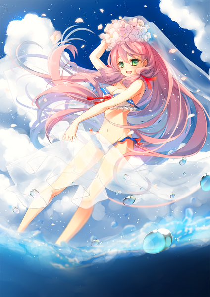 Anime picture 850x1202 with kantai collection akashi repair ship ceru single long hair tall image looking at viewer blush open mouth green eyes pink hair sky cloud (clouds) wedding girl navel flower (flowers) swimsuit bikini petals