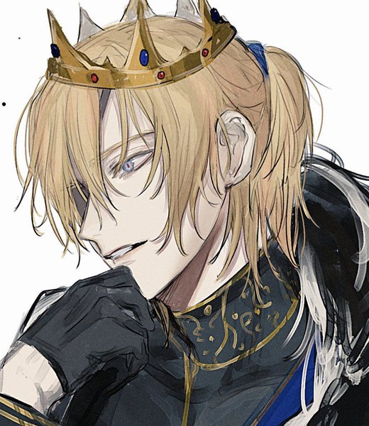 Anime picture 887x1024 with fire emblem fire emblem: three houses nintendo dimitri alexandre blaiddyd mr (mst 011) single tall image fringe short hair blue eyes simple background blonde hair hair between eyes white background looking away upper body parted lips hand to mouth boy gloves
